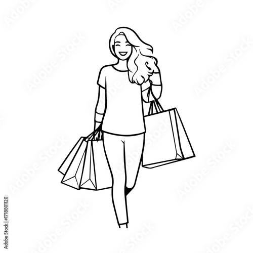 Black and white line art of a beautiful happy woman carrying shopping bags minimalist cheerful illustration