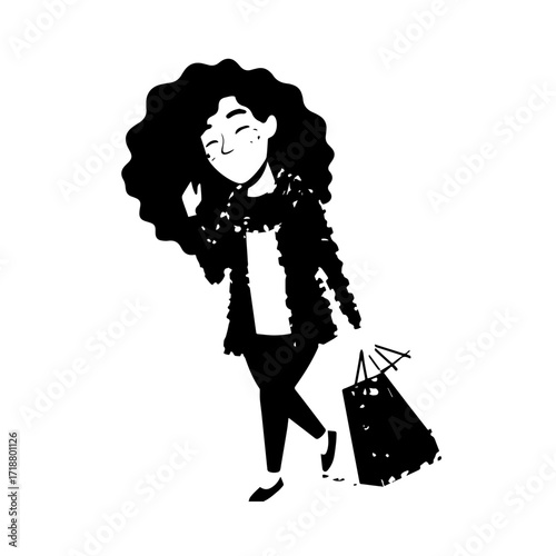 Black and white line art of a beautiful happy woman carrying shopping bags minimalist cheerful illustration