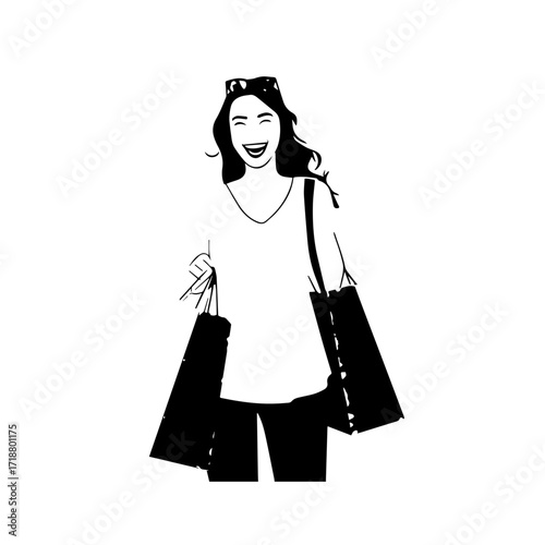 Black and white line art of a beautiful happy woman carrying shopping bags minimalist cheerful illustration