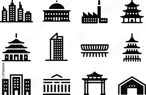 Black, silhouette, architecture, icons, global, buildings, vector, urban, skyline, pagoda, stadium, courthouse, torii, factory, barn, museum, temple, gate, skyscraper, minimal