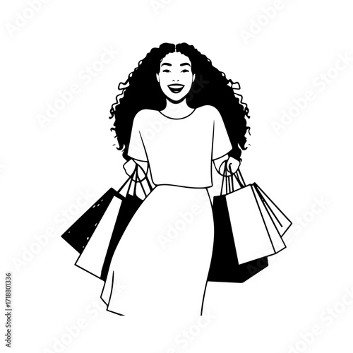 Black and white line art of a beautiful happy woman carrying shopping bags minimalist cheerful illustration