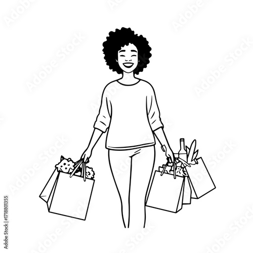 Black and white line art of a beautiful happy woman carrying shopping bags minimalist cheerful illustration