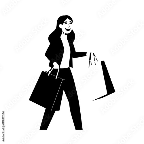 Black and white line art of a beautiful happy woman carrying shopping bags minimalist cheerful illustration