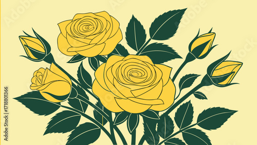 Charming yellow rose blooms and buds with lush green foliage on a soft background