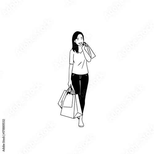 Black and white line art of a beautiful happy woman carrying shopping bags minimalist cheerful illustration