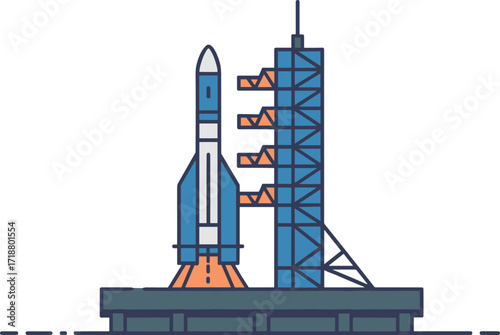 Cartoon rocket launch, space shuttle on launch pad, space travel concept, vector illustration for science, technology, and innovation themes