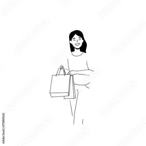 Black and white line art of a beautiful happy woman carrying shopping bags minimalist cheerful illustration