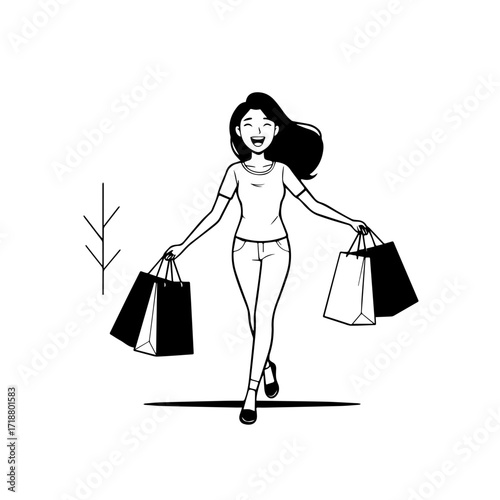 Black and white line art of a beautiful happy woman carrying shopping bags minimalist cheerful illustration
