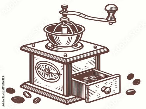 classic coffee grinder vector, retro kitchen theme, white background