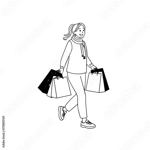Black and white line art of a beautiful happy woman carrying shopping bags minimalist cheerful illustration