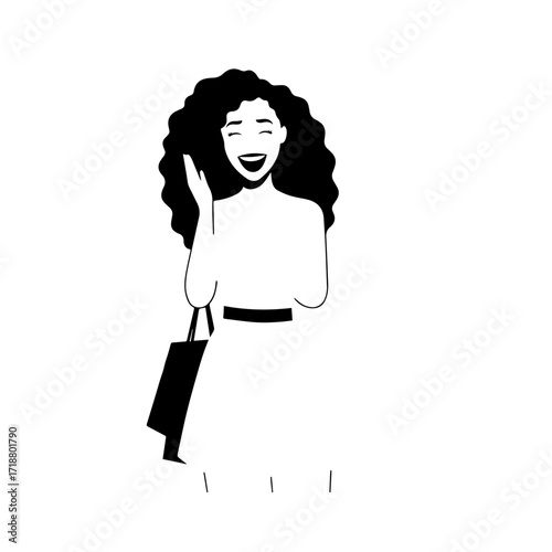 Black and white line art of a beautiful happy woman carrying shopping bags minimalist cheerful illustration