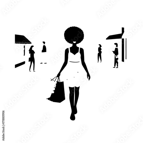 Black and white line art of a beautiful happy woman carrying shopping bags minimalist cheerful illustration