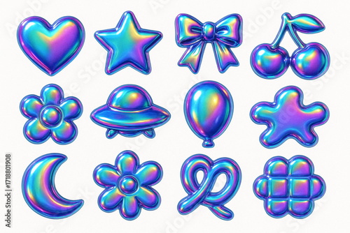 Glossy Holographic Sticker Set with Iridescent 3D Objects in Kawaii Y2K Style