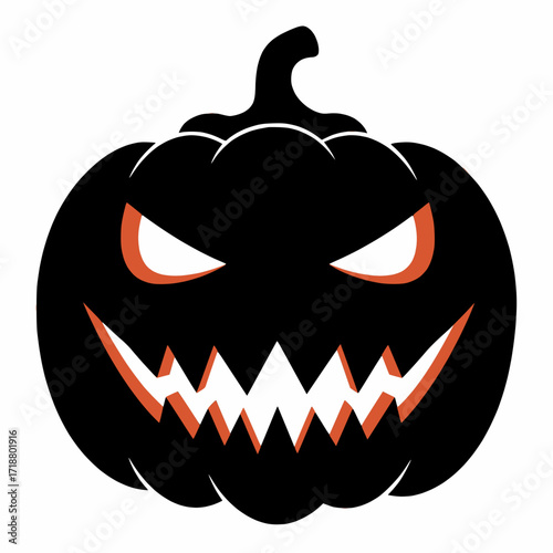solid black vector pumpkin jack o lantern face with sharp teeth, simple silhouette, white background