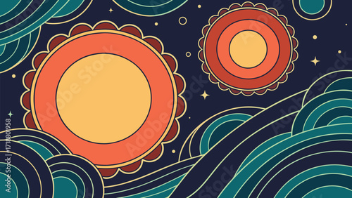 Ornate orange suns rise above striped teal waves in a stylized celestial sea