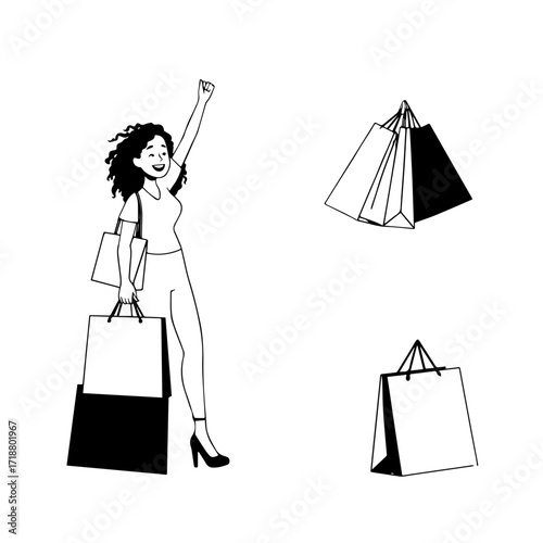 Black and white line art of a beautiful happy woman carrying shopping bags minimalist cheerful illustration