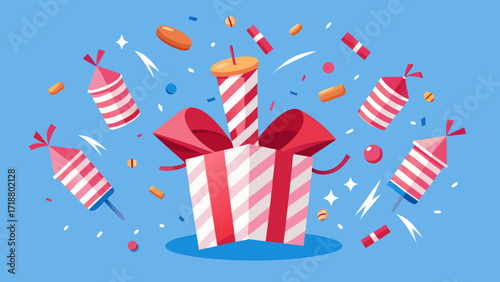 Exploding gift box with fireworks and confetti celebration
