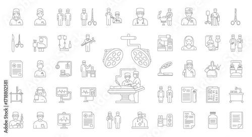 A collection of line art icons depicting medical personnel equipment and procedures in monochrome style