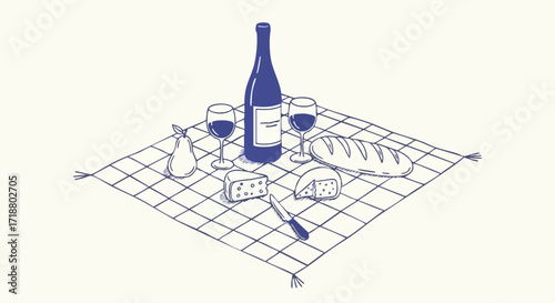 Elegant picnic illustration featuring wine, bread, cheese, and pear, perfect for lifestyle blogs, food promotions, or classic design projects