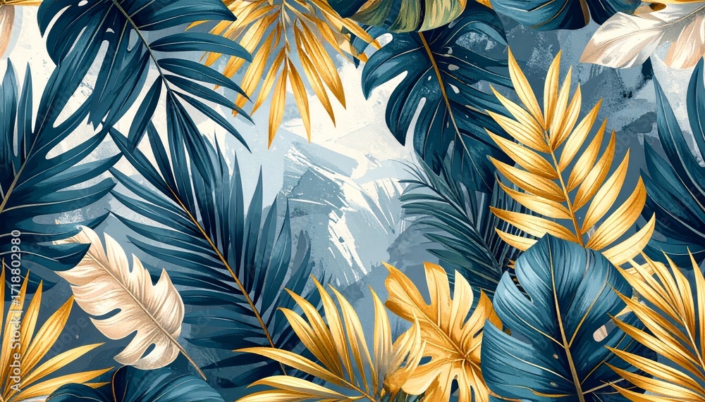 Fototapeta premium Seamless green tropical leaf pattern on yellow floral background