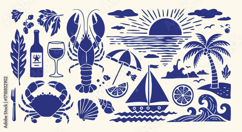 Vibrant seaside collage captures delicious seafood, refreshing drinks, and idyllic summer vacation scenes with sailing and sunshine