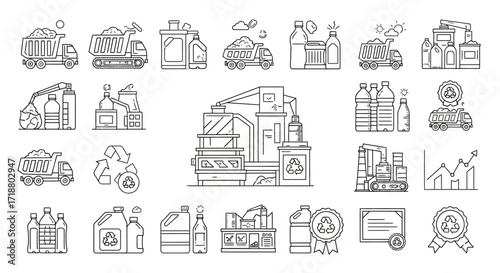 Line art illustration depicting various stages of plastic recycling process and related elements