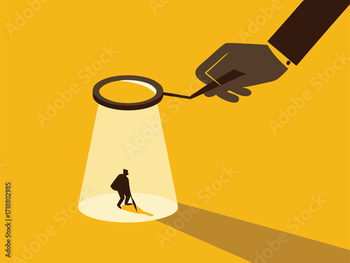 Finding Talented People. Big Hands with Magnifying Glass Recruiting People. vector


