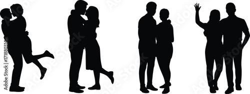 Couple silhouette icons, romantic pose vector set, black love clipart, relationship graphics, affectionate gesture illustrations, emotional design elements