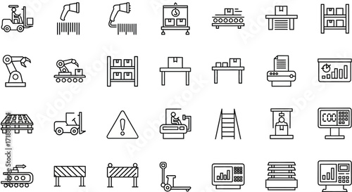 Line art icons depicting warehouse logistics and automation equipment on a white background surface