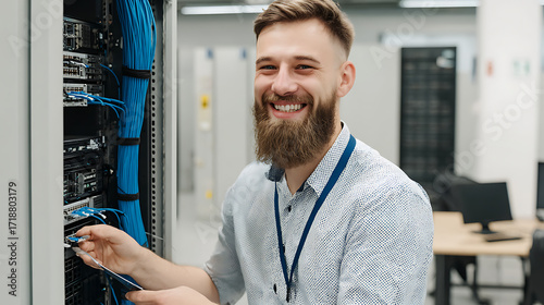 Man working in server room, connecting cables to network equipment