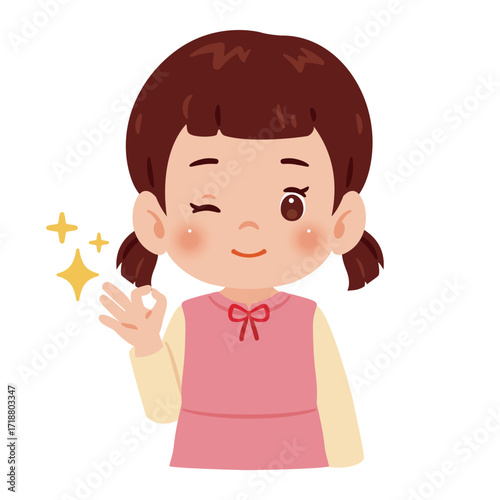OKサインのポーズをする女の子の上半身イラスト／An illustration of a girl's upper body making an OK sign
