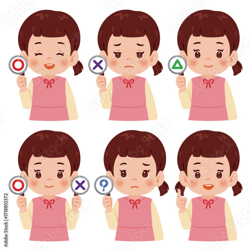 マルとバツなどの札を持った女の子の上半身イラストセット／An illustration of a girl's upper body holding signs with a circle and a cross