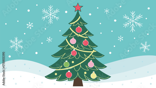 Decorated Christmas tree sits amid softly falling snow flakes on a wintery background