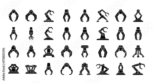 Collection of black robotic arm icons in various styles and shapes on a white background vector design
