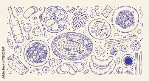 Delightful culinary spread featuring fresh fish, pasta, grapes, wine, cheese, and fruits, perfect for gourmet dining and recipe inspiration.