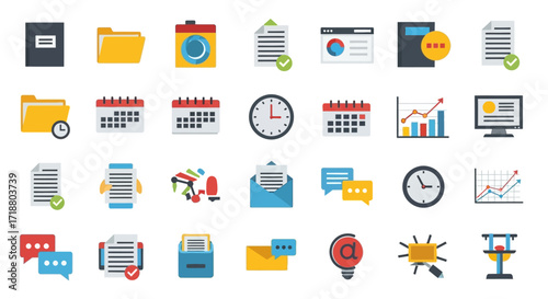 A collection of business and office icons representing various tasks and organizational elements