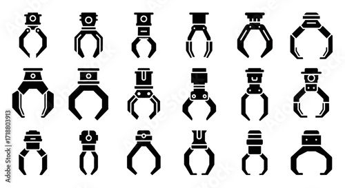 Various black robotic claw designs arranged in rows on a white background vector illustration