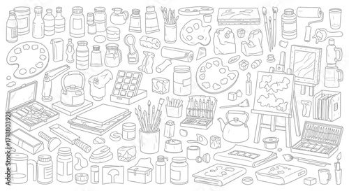 A detailed line art drawing of various art supplies and tools arranged in a dense composition