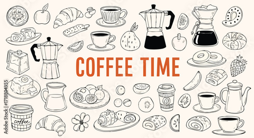 Delightful hand-drawn coffee and pastry doodles for inviting cafe menus and branding, perfect for creating a warm and cozy atmosphere