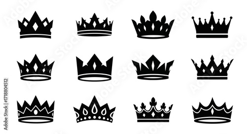 Collection of twelve black crown illustrations on a white background in a vector style format