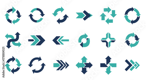 Collection of various arrow designs in blue and teal colors displayed on a white background surface