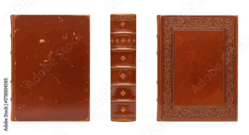 Three views of a brown leather bound book with decorative spine and cover on a white background