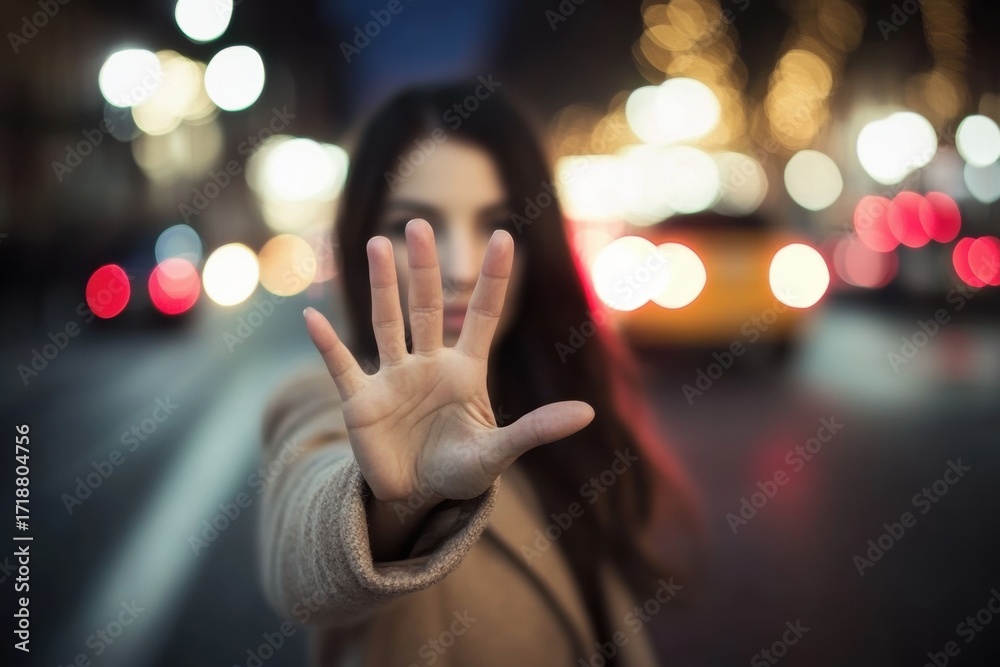 Fototapeta premium Late night woman raising hand in rejection gesture against dark background, suitable with raised