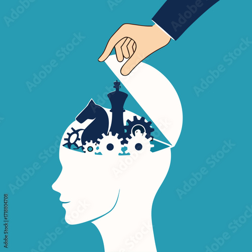 The human head was opened with gears and chess pieces. business strategic idea

