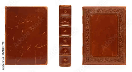 Three antique leather bound books displayed against a white background in a studio setting