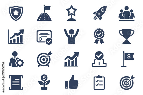 Collection of business and achievement icons representing success and growth in various fields