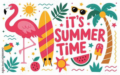 Summer Time Clipart Set with Tropical Icons, Flamingo, Watermelon, Coconut Tree, and Sun, Colorful Vector Illustrations for Seasonal Crafts, Party Decoration, Printables, and Design Projects