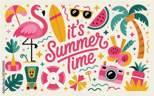 Summer Clipart Collection, Flamingo, Watermelon, Coconut Tree, Sun Icons, Vibrant Vector Illustrations for Seasonal Design Elements, Party Invitations, Stickers, Crafts, Posters, and Creative Print Pr