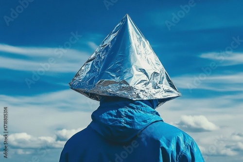 Man with tinfoil hat viewing chemtrail conspiracy concept under blue sky theory back view