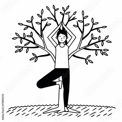 A black and white illustration of a woman performing the tree pose yoga asana integrated with a tree symbolizing growth and balance